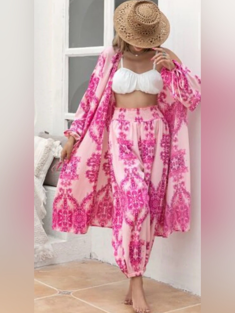 Women's Pink Paisley Tie-Front Maxi Front Top and Pants Set